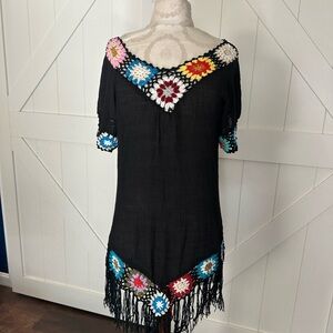 Short sleeve long crocheted with fringe shirt/bathing suit cover up